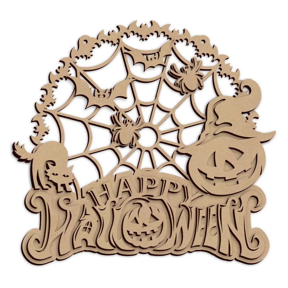 A laser-cut wooden Halloween decoration featuring bats and spiders, with the words 'Happy Halloween', on a white background.