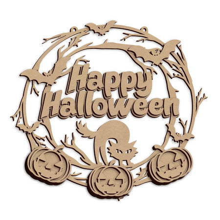 Laser cut Happy Halloween Spooky Pumpkins Plaque with carved pumpkin design.