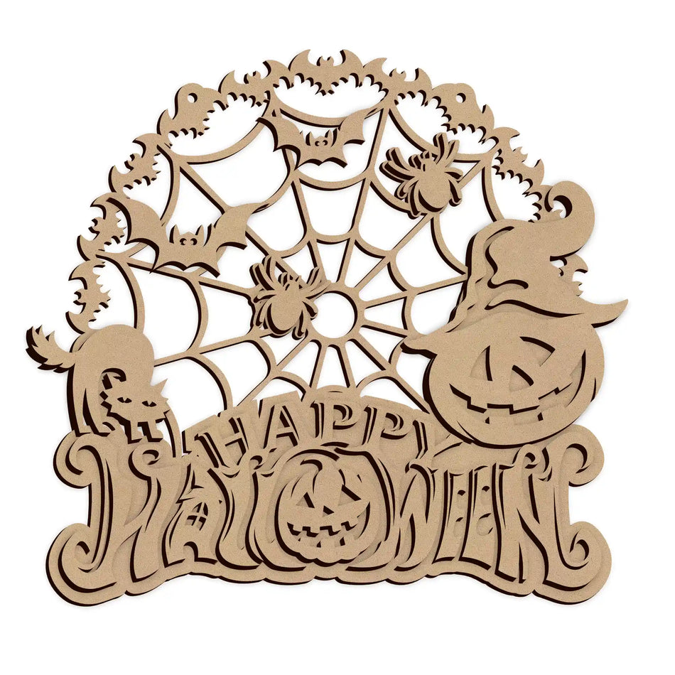 Happy Halloween Spooky wooden wall sign laser cut from MDF for seasonal home decoration.