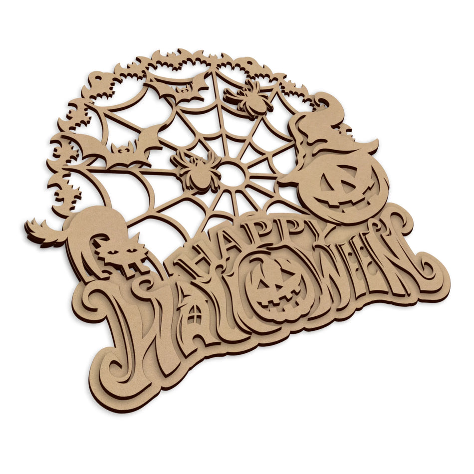 A Laser cut wooden Happy Halloween Spooky wooden wall sign made from MDF for a seasonal home decoration.