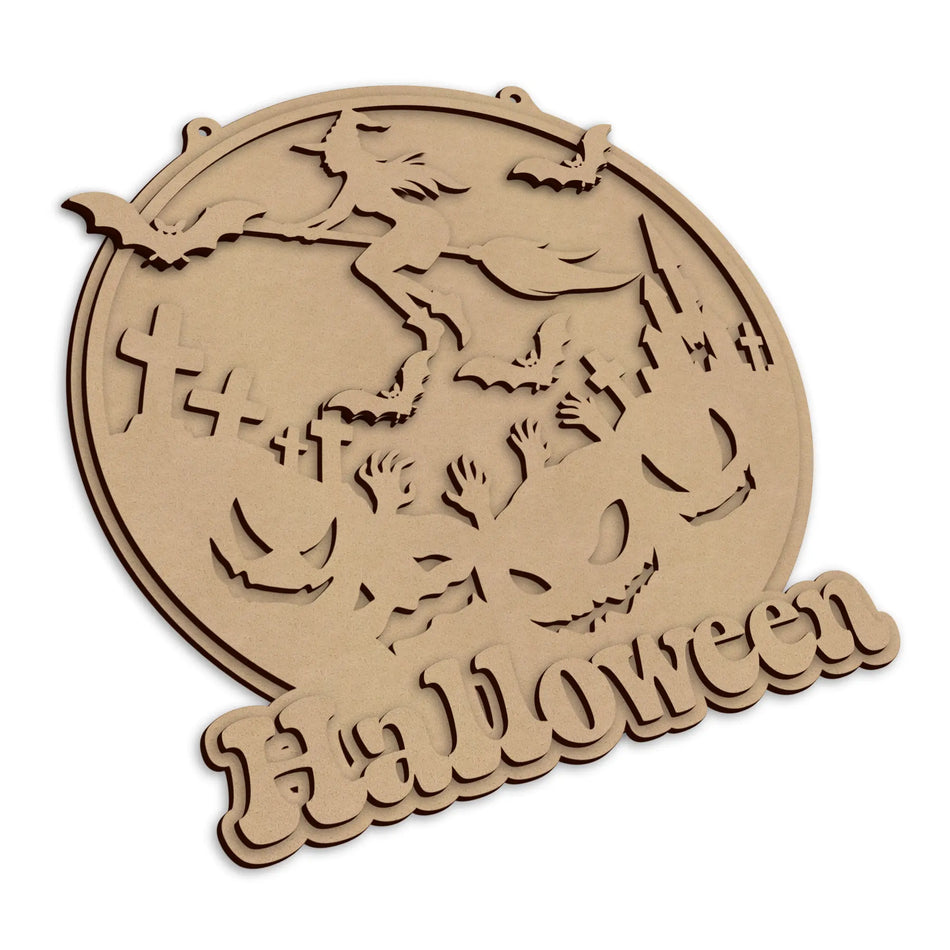 A Haunted Halloween wall plaque with the word 'Halloween', shown on a white background.