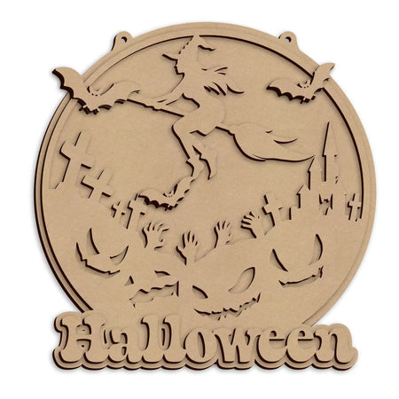 A wooden Halloween wall plaque featuring a witch riding a broomstick, with the word 'Halloween' across the bottom, shown on a white background.