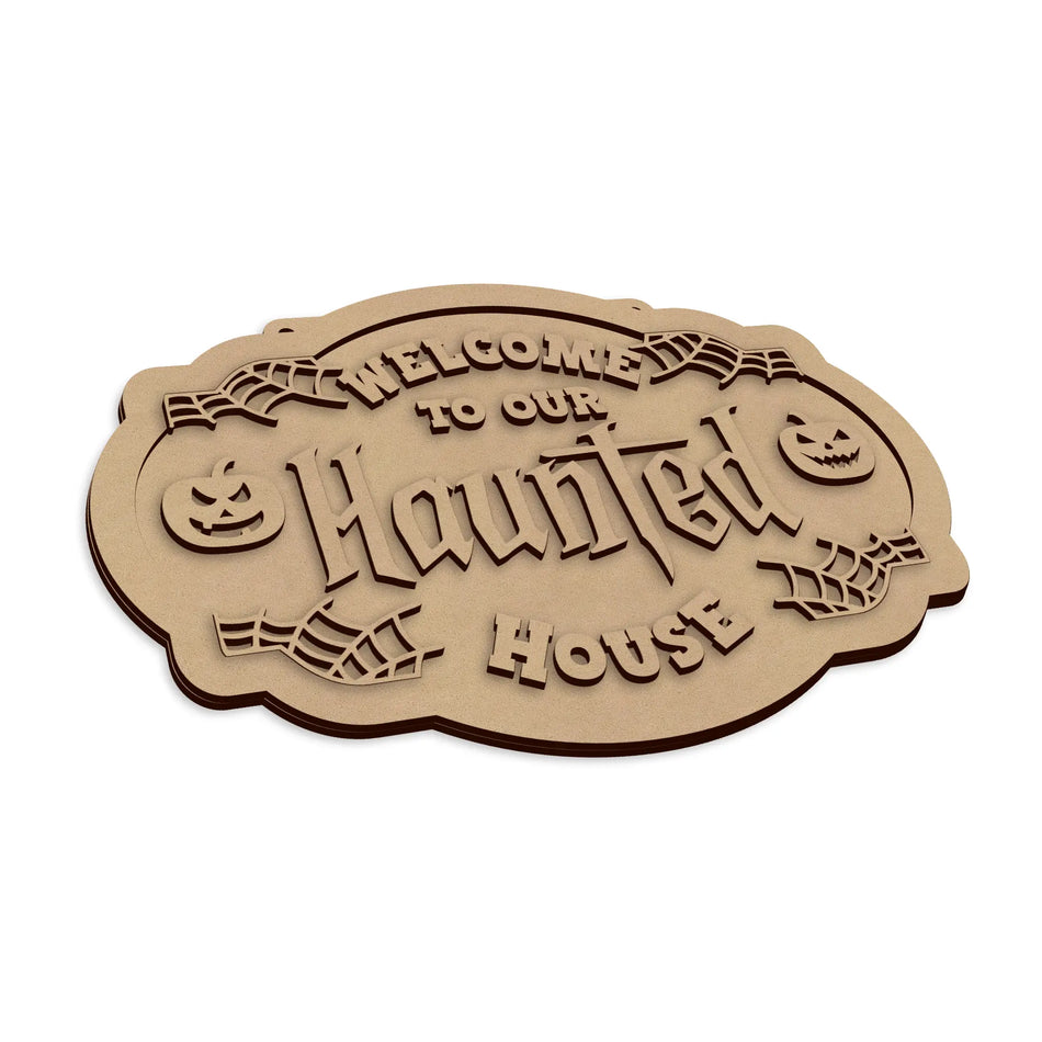 Wooden Haunted House Halloween Wall Plaque spooky seasonal home decoration.