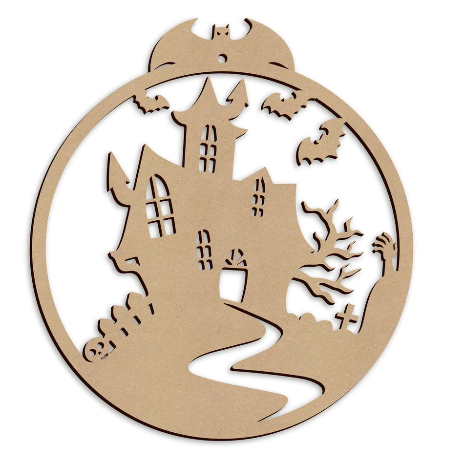 Laser cut Haunted House Spooky Halloween Plaque made from MDF for seasonal home decoration.