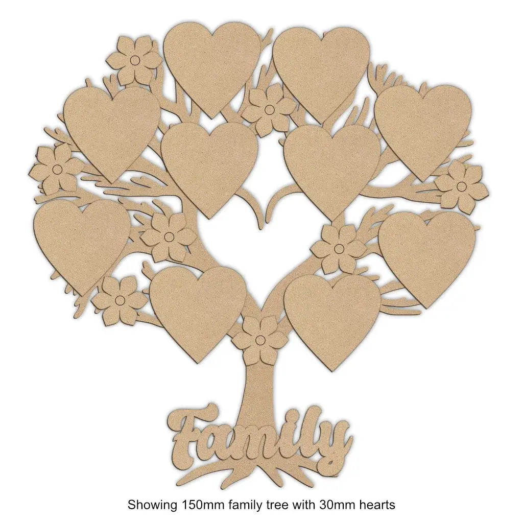 Wooden heart branch family tree with hearts and flowers