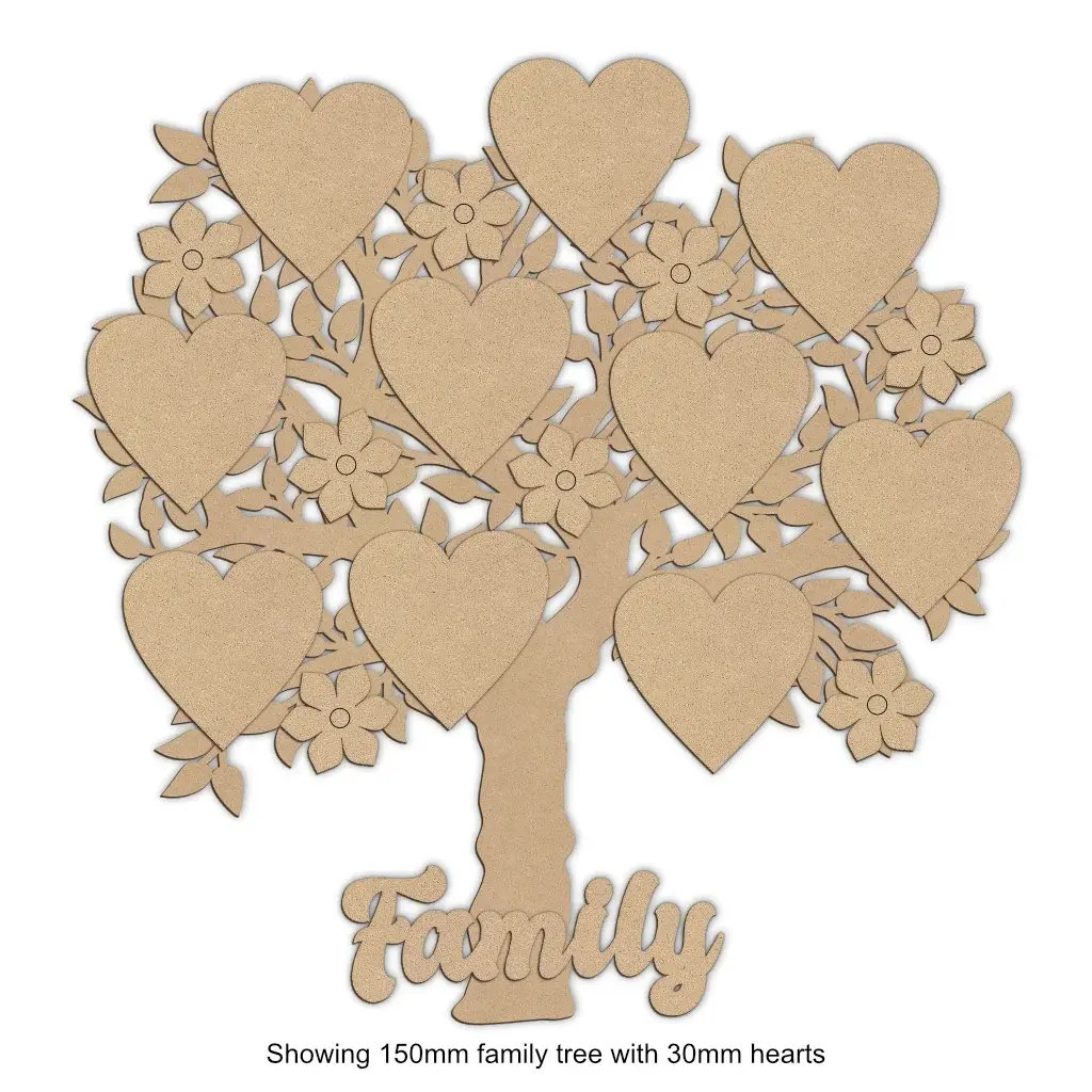 Wooden leafy family tree decoration with hearts and flowers