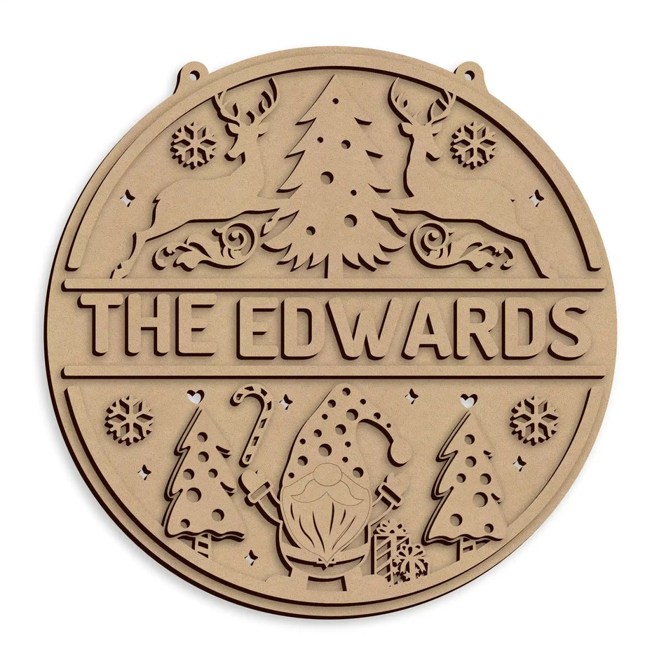 Personalised Christmas Themed Family Name Sign wooden festive plaque ready to decorate and display.