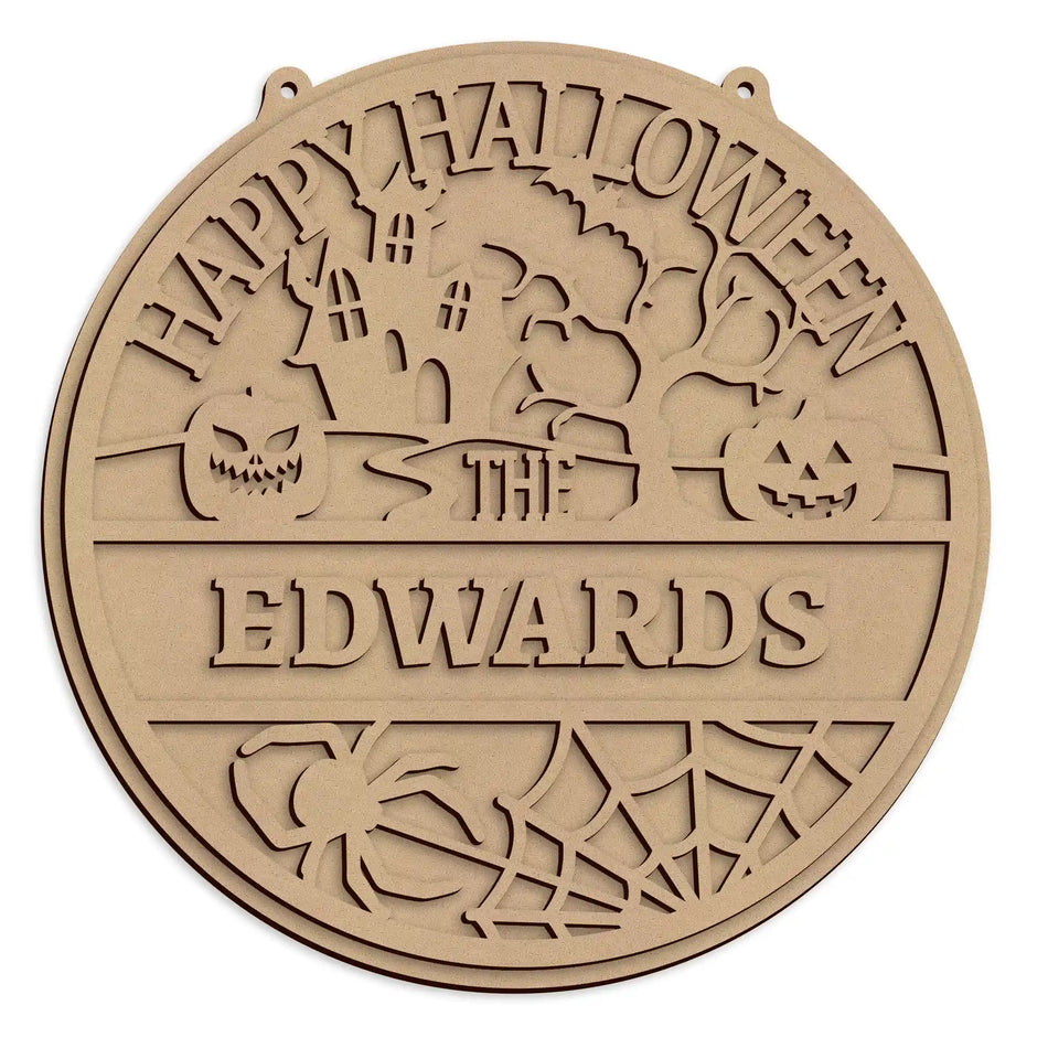 Personalised Happy Halloween Wall Sign made from laser cut MDF for unique Halloween home decoration.