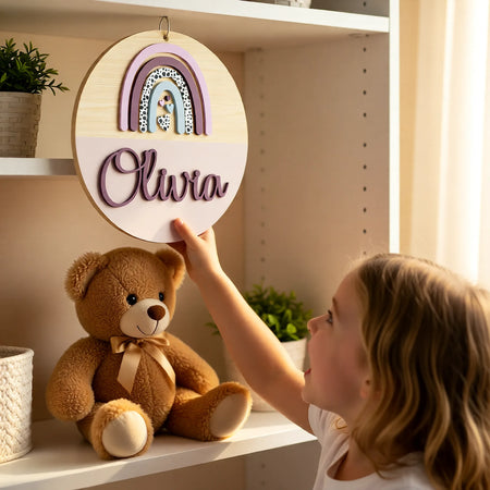 Child holding a personalised rainbow sign with the name Olivia. 