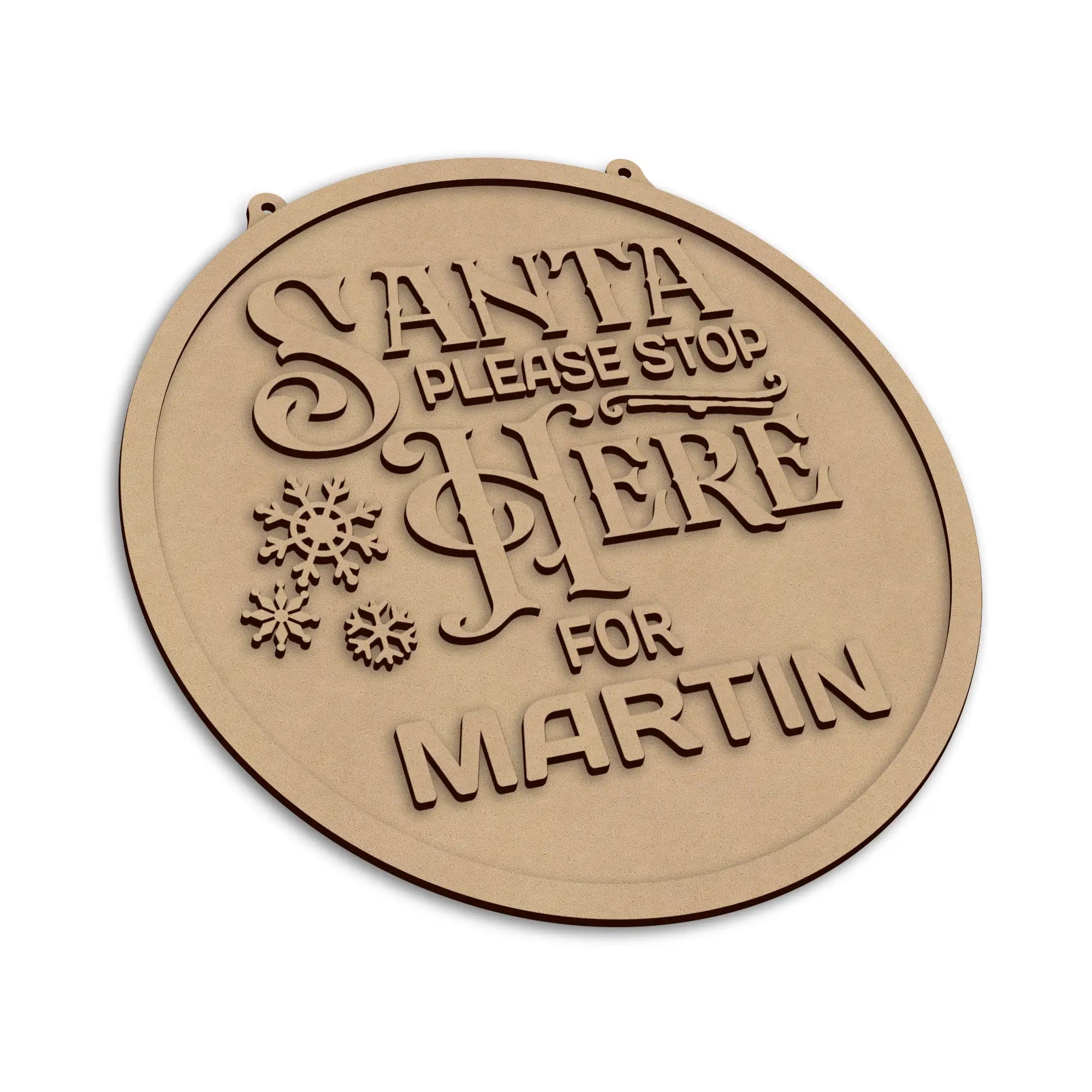 A round wooden personalised Santa Stop Here sign, shown on a plain white background.
