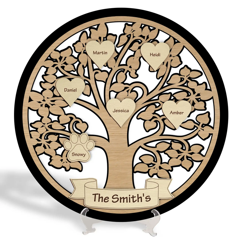 Wooden family tree with heart-shaped nameplates on a white background
