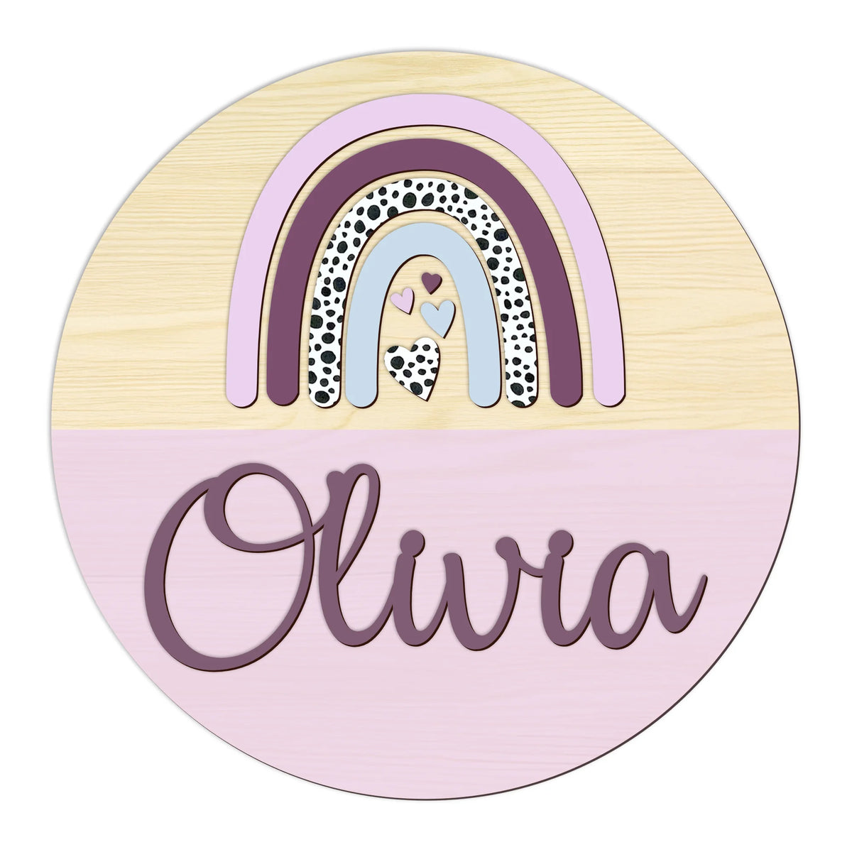 Circular wooden sign with rainbow design and name Olivia in a variety of pink colours