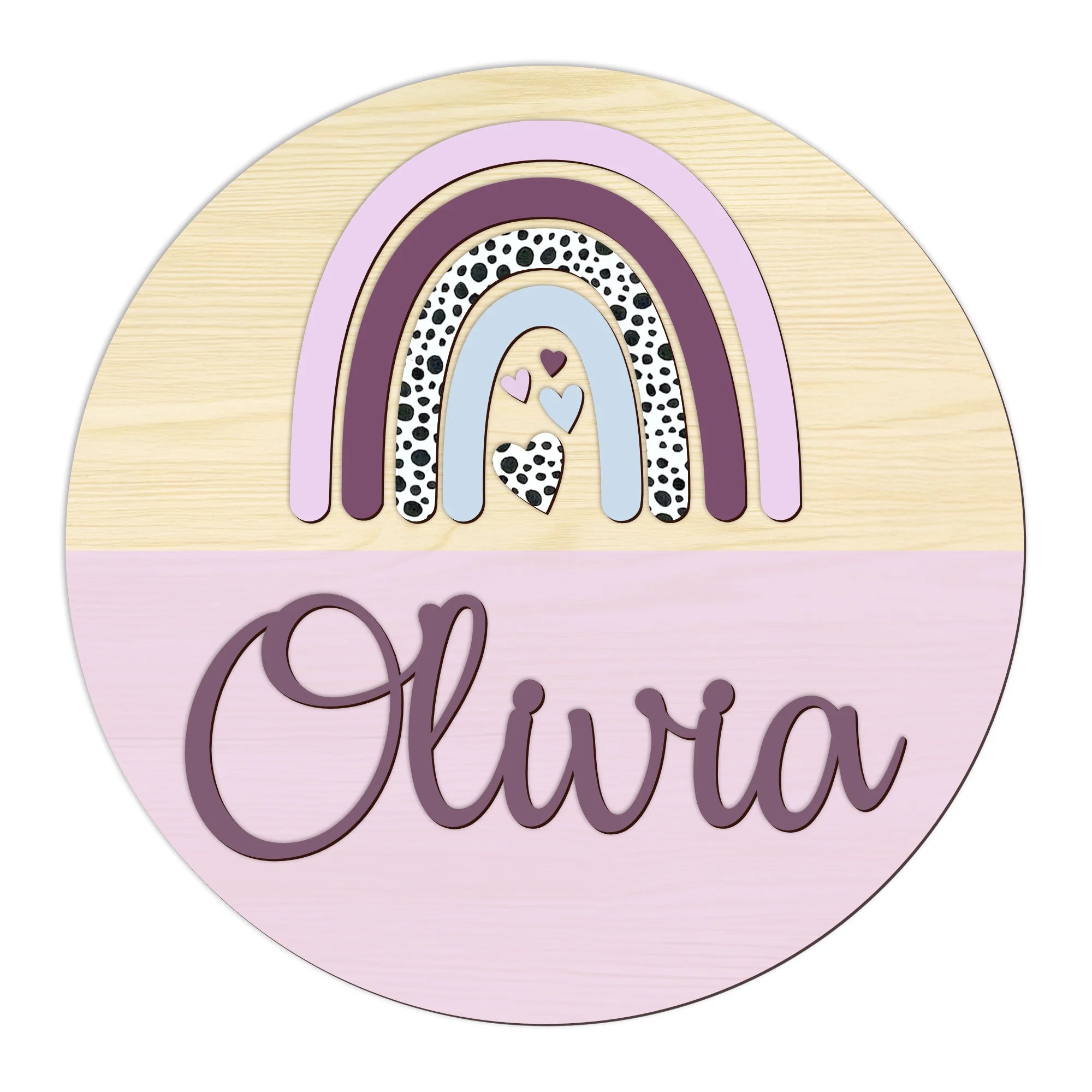 Circular wooden sign with rainbow design and name Olivia in a variety of pink colours