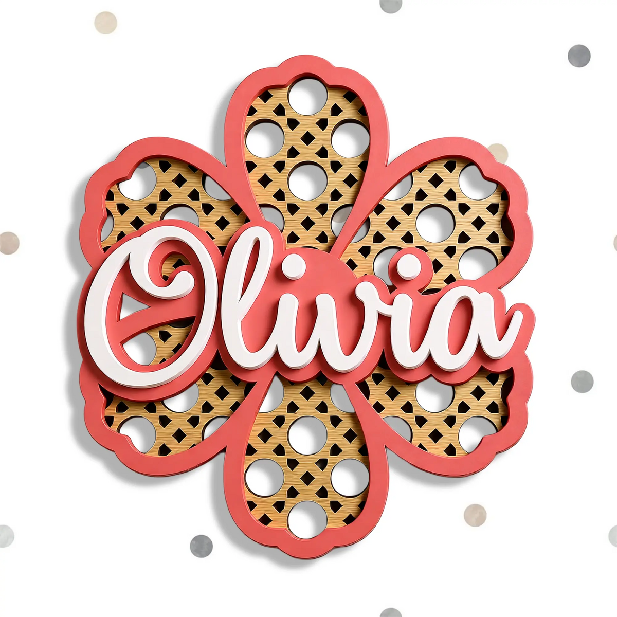 Personalised rattan flower nursery name sign in oak veneer with white acrylic lettering