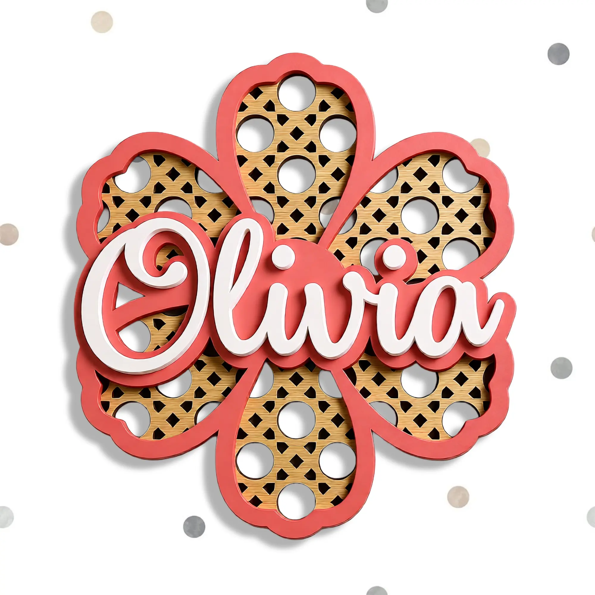 Personalised rattan flower nursery name sign in oak veneer with white acrylic lettering