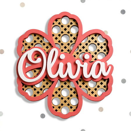 Personalised rattan flower nursery name sign in oak veneer with white acrylic lettering
