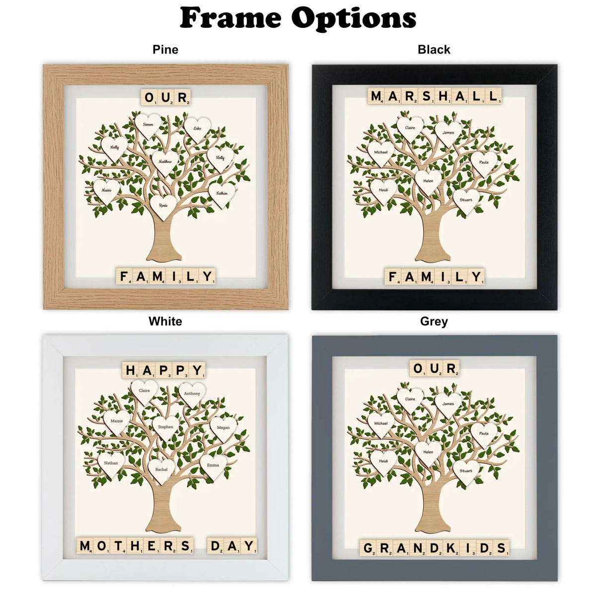 Framed family tree box frames with different frame colors and text.