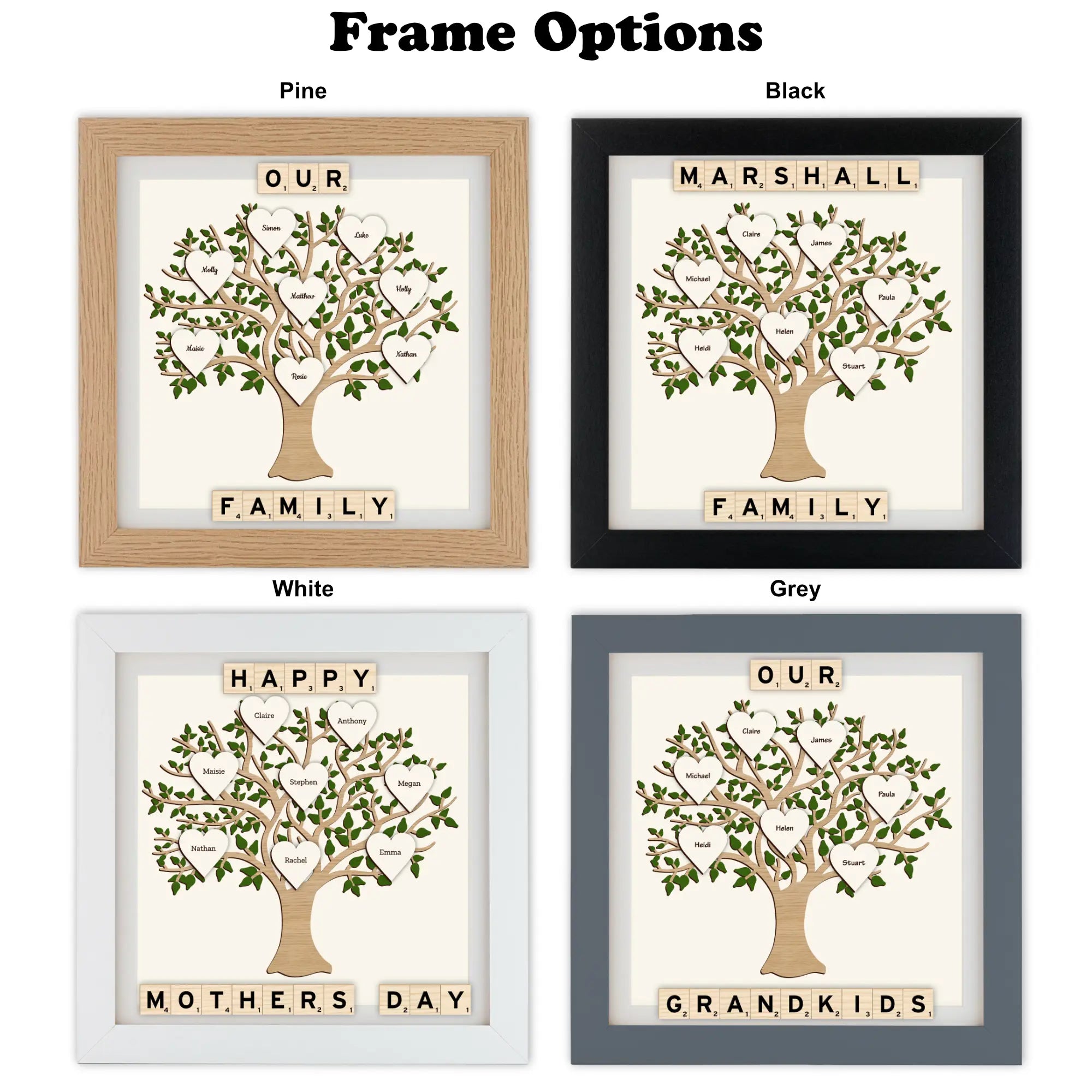 Framed family tree box frames with different frame colors and text.