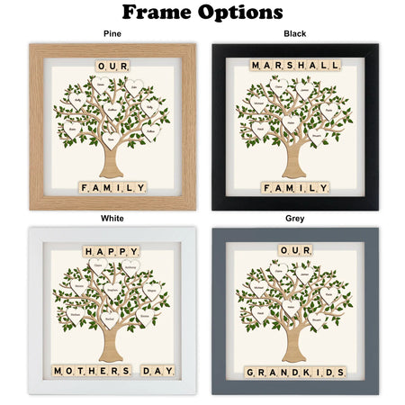 Framed family tree box frames with different frame colors and text.
