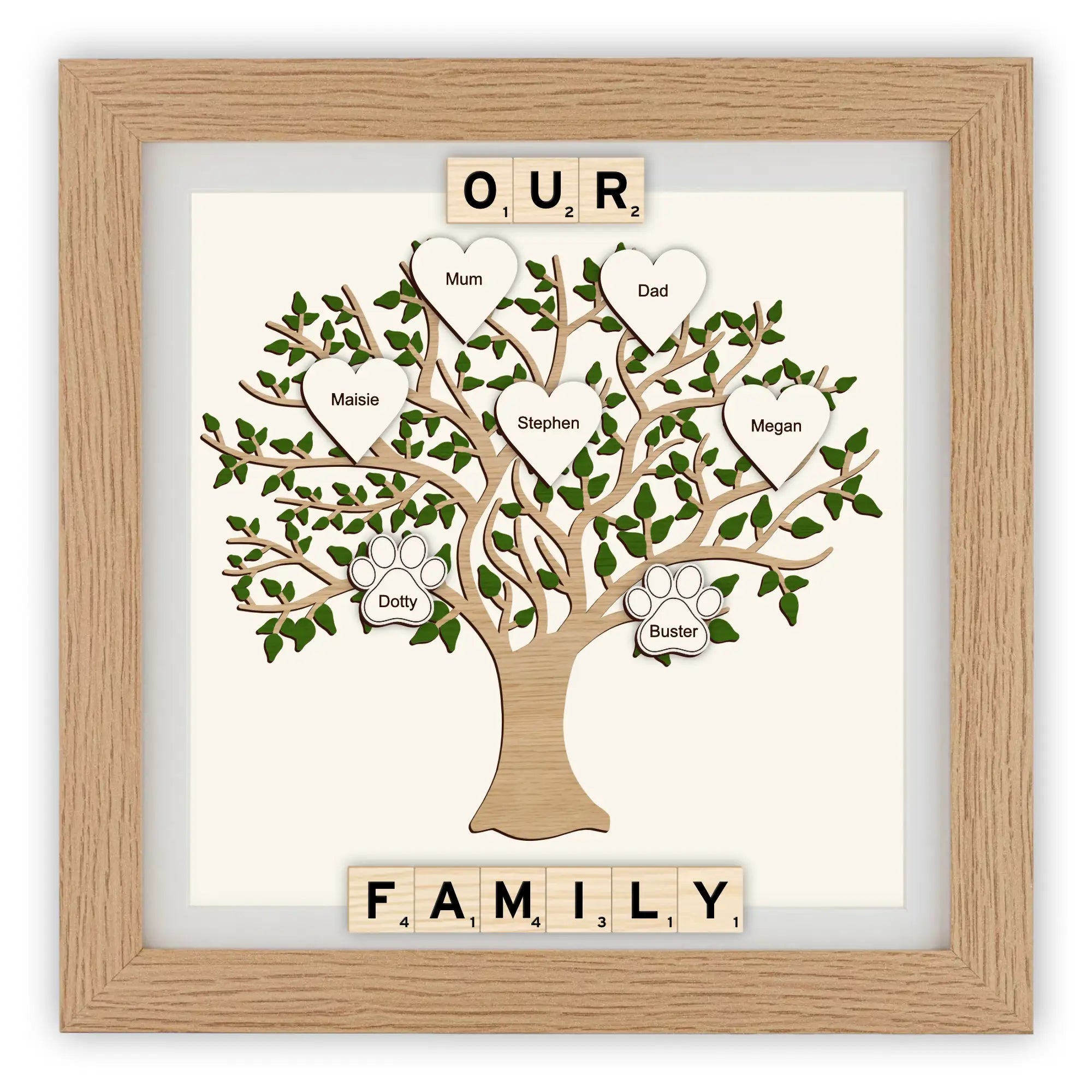 Framed family tree with personalised names and scrabble wording