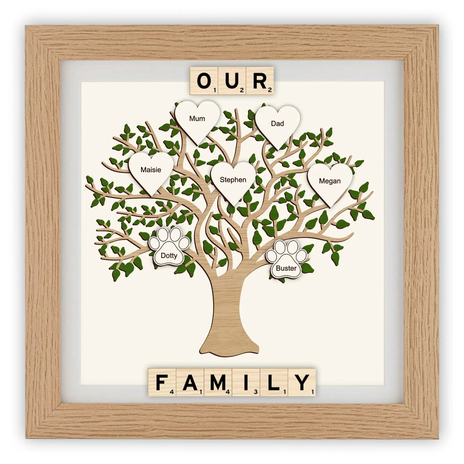 Framed family tree with personalised names and scrabble wording