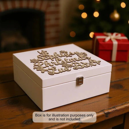 Script font Christmas Eve Box topper on white box