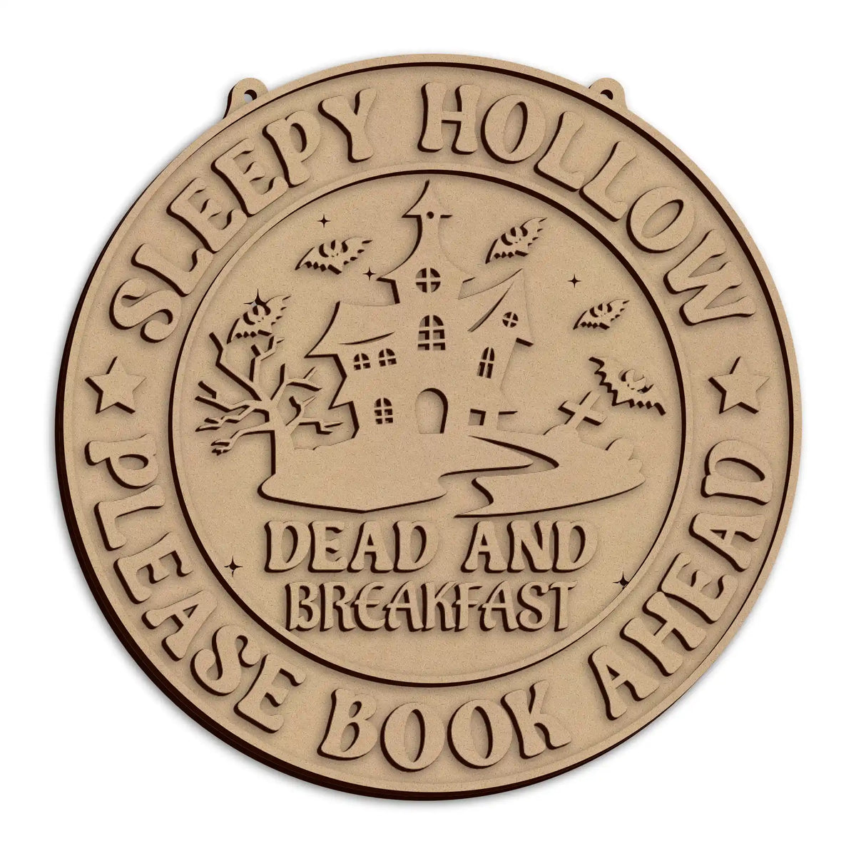 A round haunted house Halloween plaque. The text reads 'SLEEPY HOLLOW PLEASE DO NOT BREAK' and 'DEAD AND BREAKFAST'.