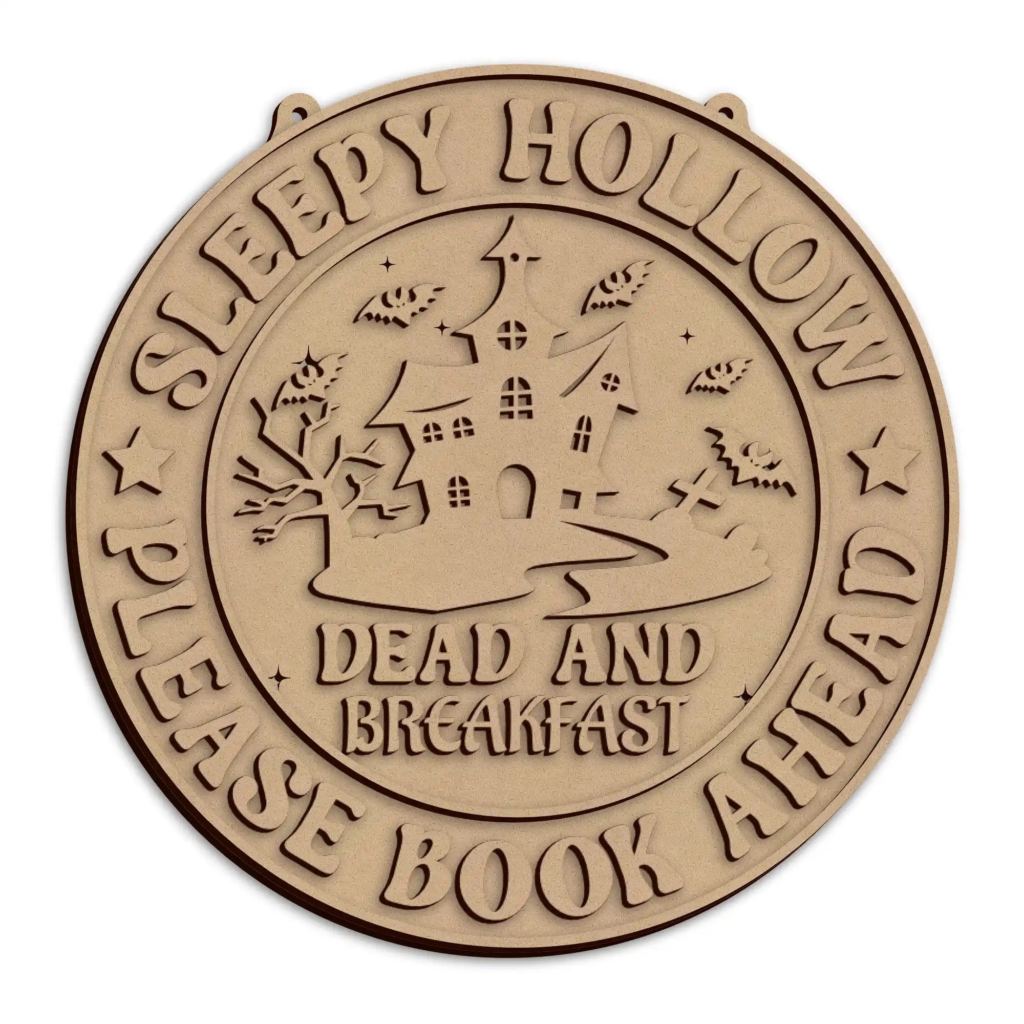A round haunted house Halloween plaque. The text reads 'SLEEPY HOLLOW PLEASE DO NOT BREAK' and 'DEAD AND BREAKFAST'.