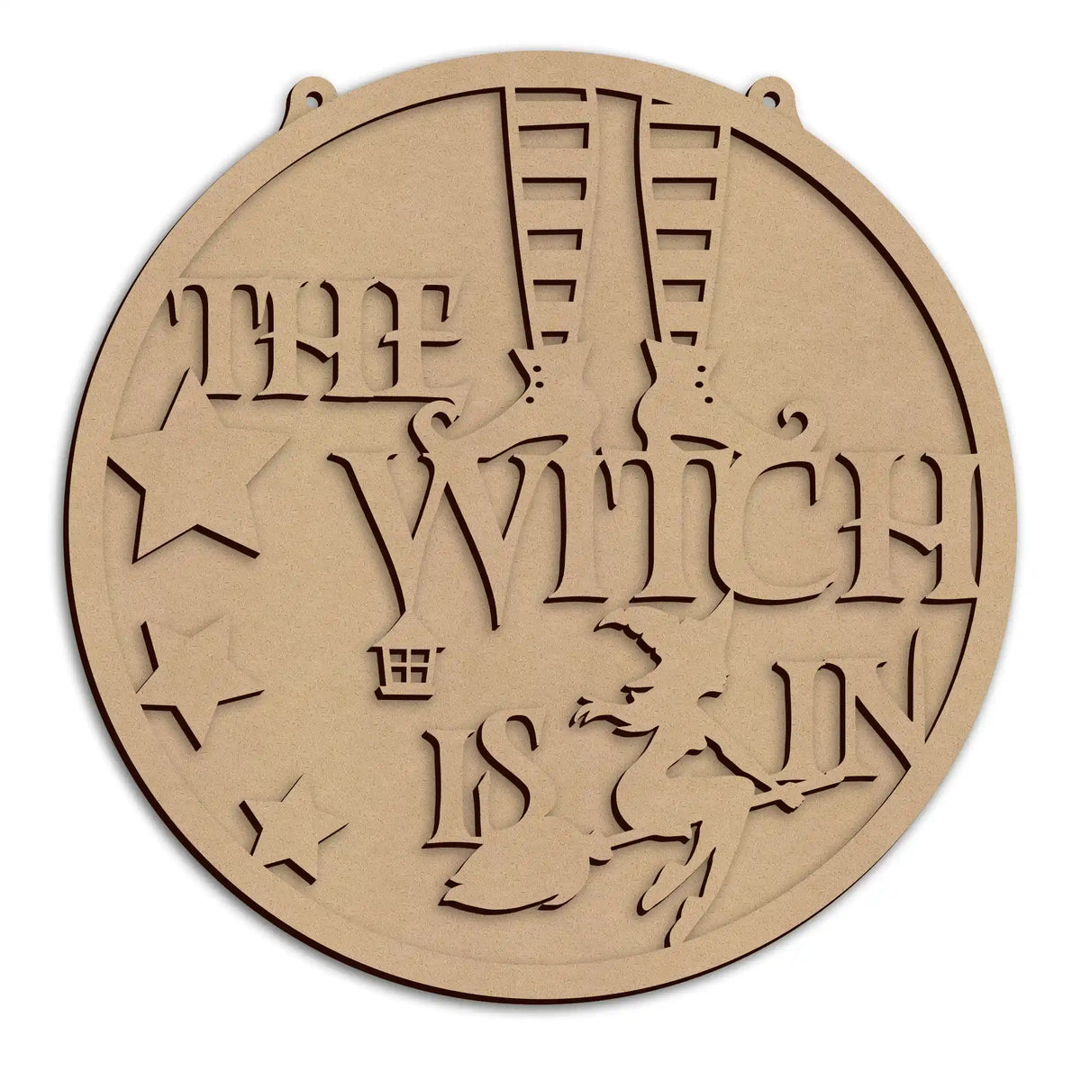 A round laser-cut halloween wall plaque, featuring the text 'The Witch Is In', shown on a plain white background.