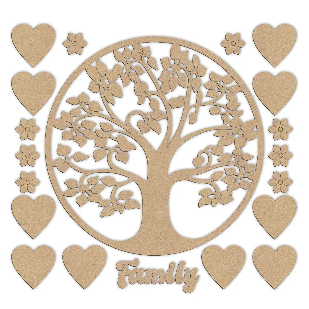 Wooden family tree of life with hearts and flowers