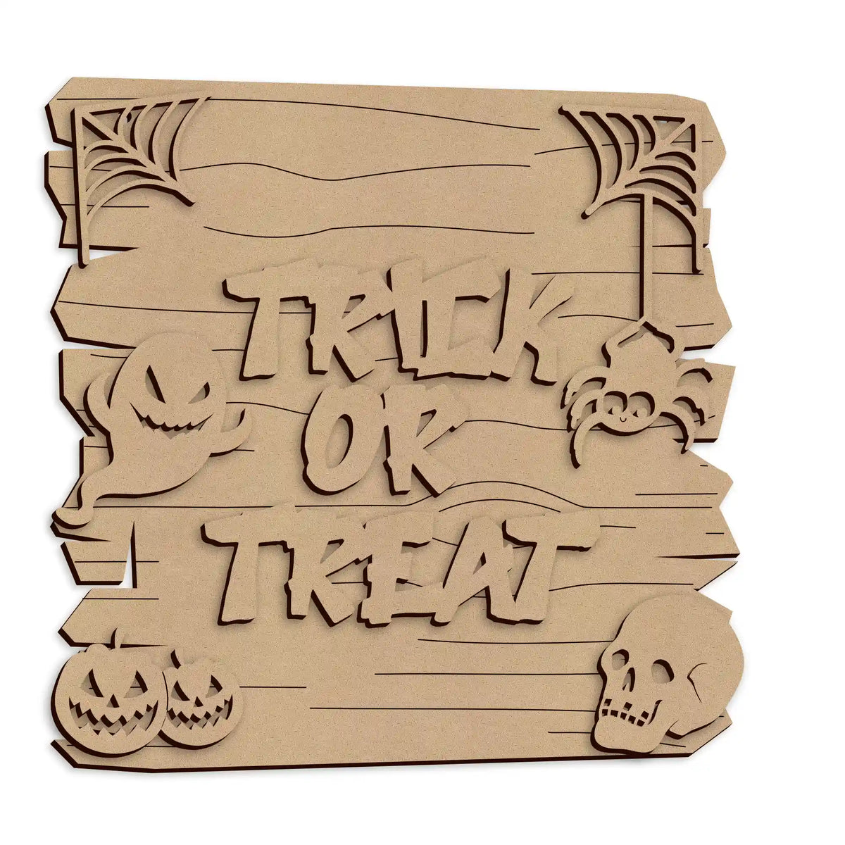 Laser cut Trick or Treat Spooky Season wooden wall plaque for Halloween decorating.