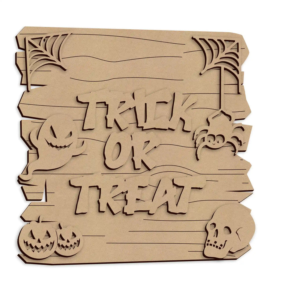 Laser cut Trick or Treat Spooky Season wooden wall plaque for Halloween decorating.