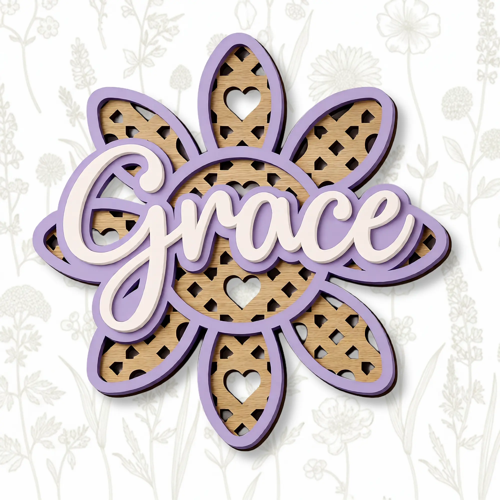 Custom baby girl nursery name sign with floral rattan design and acrylic lettering
