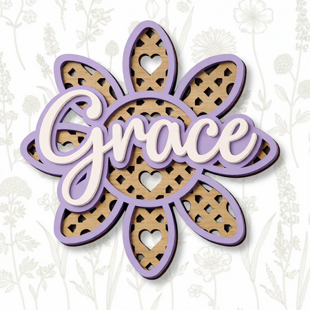 Custom baby girl nursery name sign with floral rattan design and acrylic lettering
