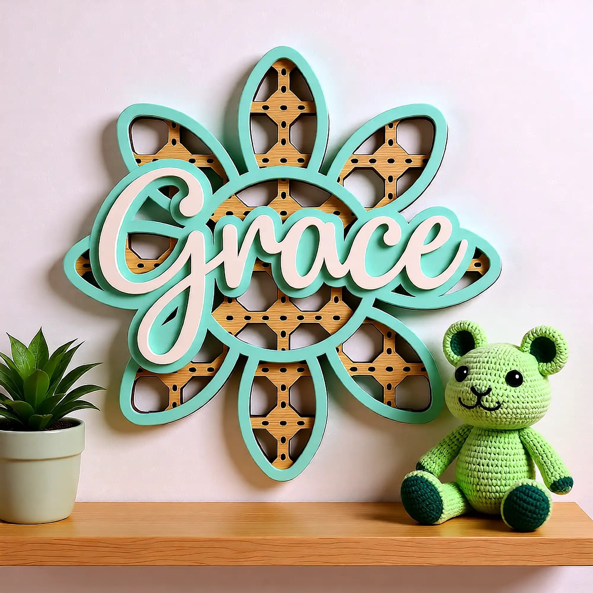 Personalised pink and neutral nursery wall sign with flower detail