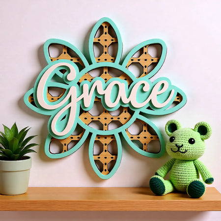 Personalised pink and neutral nursery wall sign with flower detail