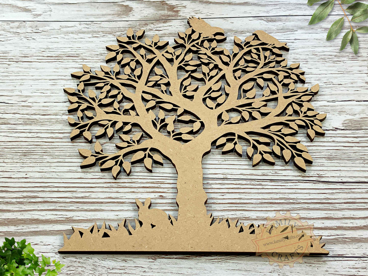 MDF Family Tree with Birds and a Rabbit Craft Shape