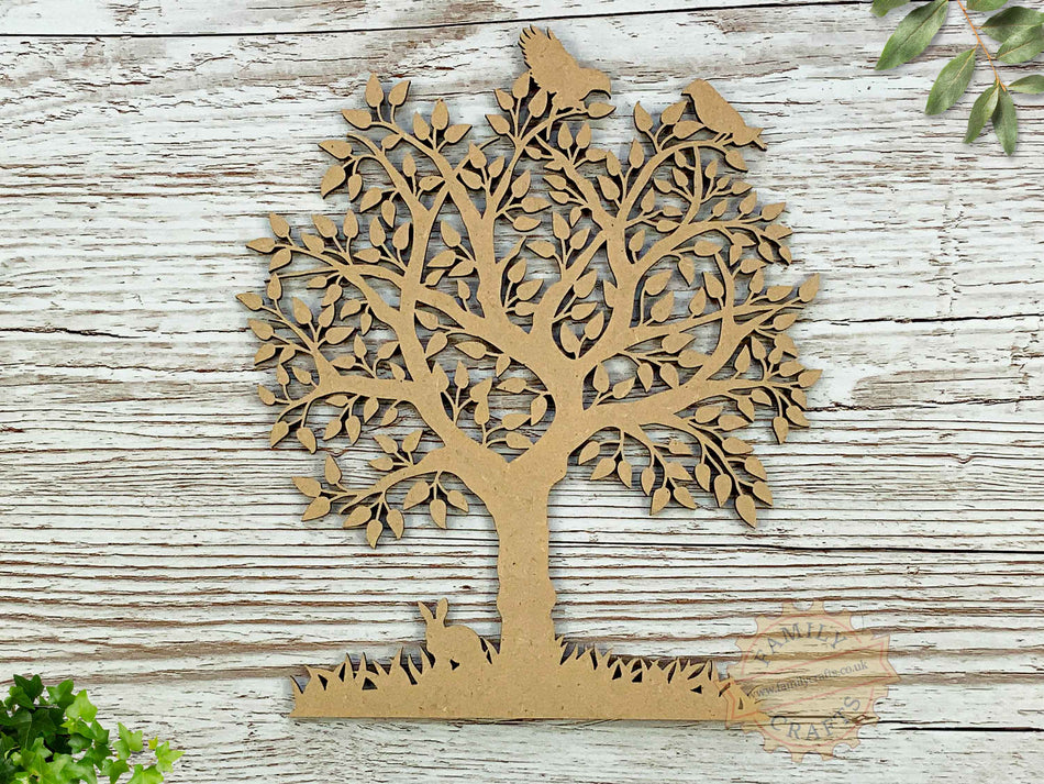 Wooden Family Tree with Birds and a Rabbit Craft Shape
