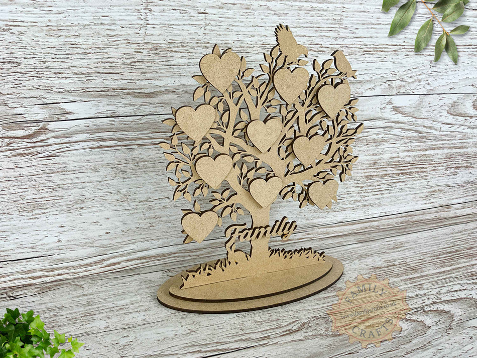 Freestanding Family Tree with Birds, a Rabbit and Hearts
